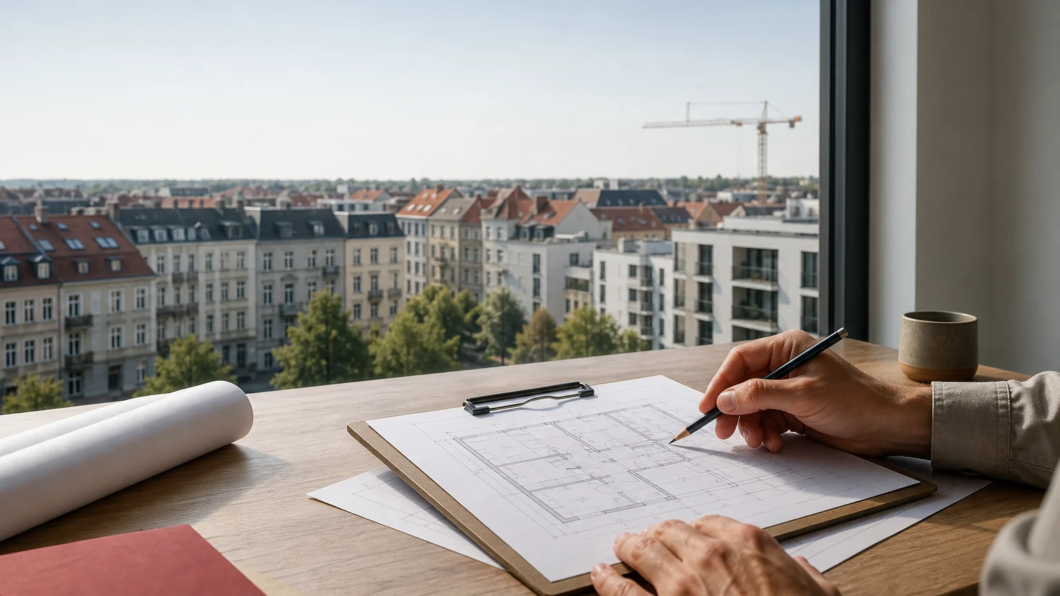 Planungsunterlagen vor dem Blick auf Wohngebäude und einen Baukran.