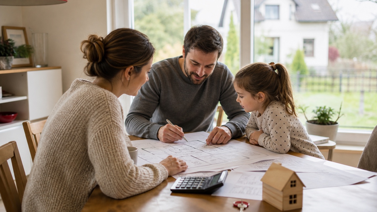 Familie plant den Kauf eines Eigenheims mit Grundriss, Taschenrechner und Hausschlüssel