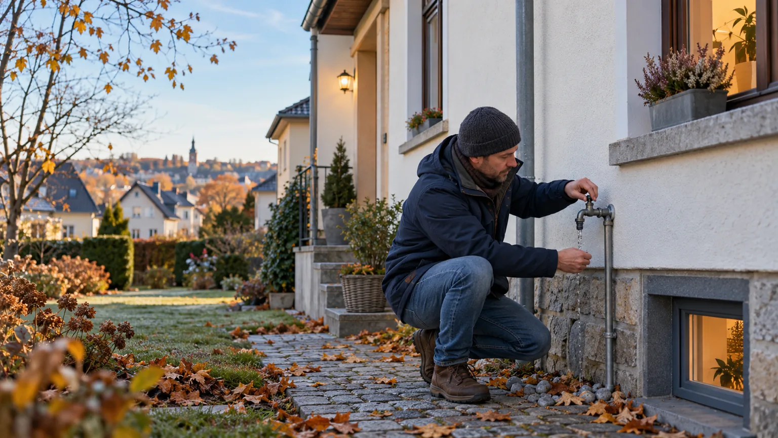 Eigentümer entleert im Herbst einen Außenwasserhahn an einem Wohnhaus