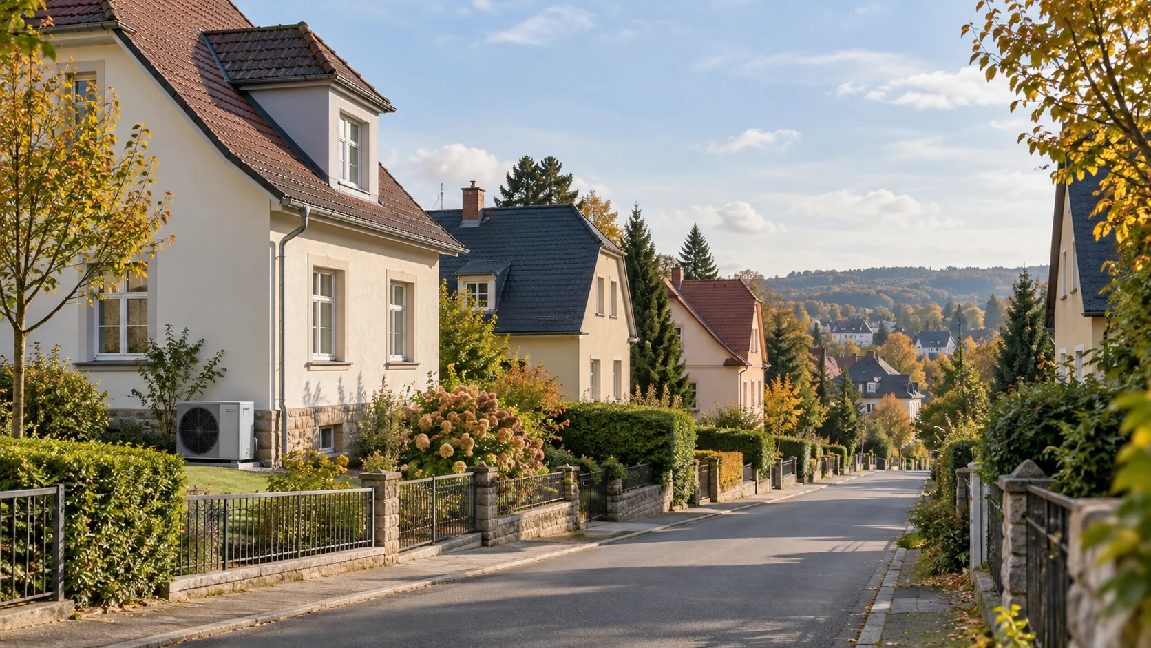 KI-generierte Visualisierung einer Wohnstraße mit Bestandsimmobilien und einer Wärmepumpe im Herbst.