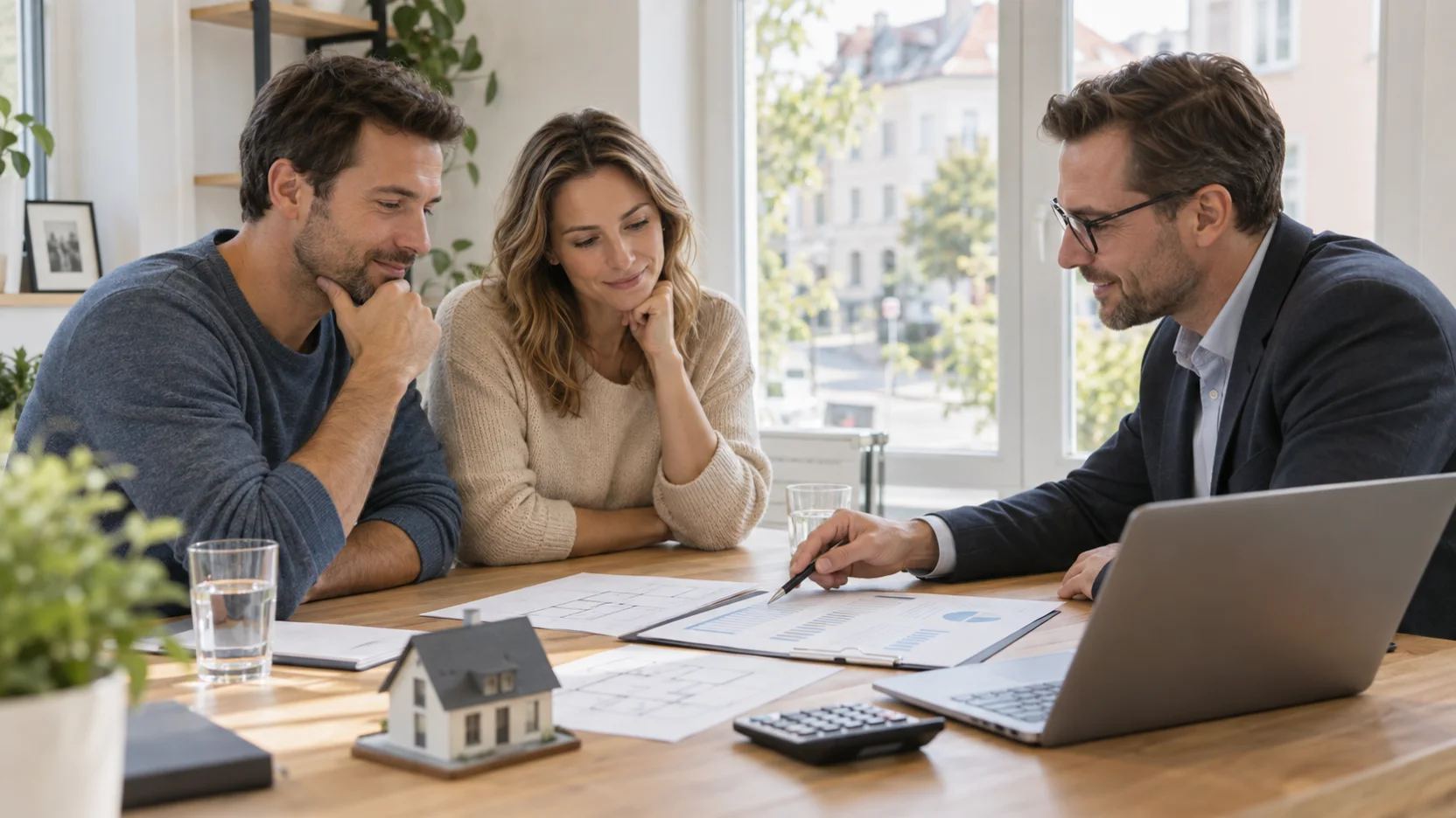Ein Paar bespricht mit einem Finanzierungsexperten Unterlagen für den Immobilienkauf.