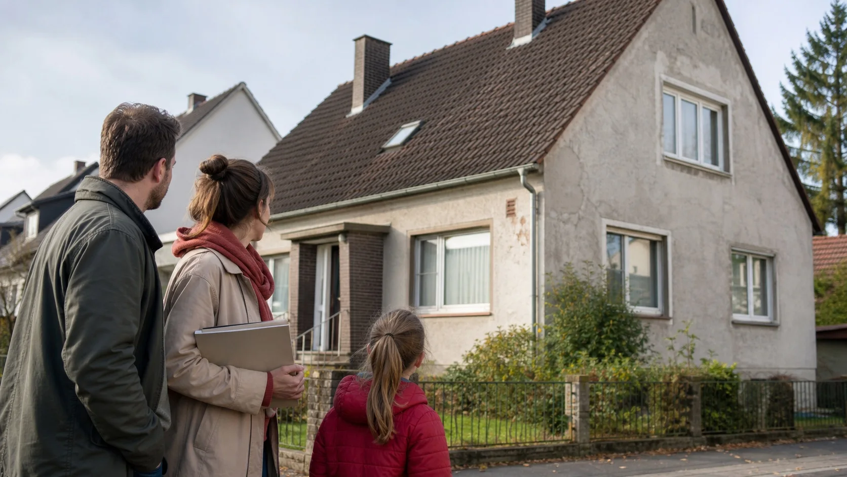 Eine Familie betrachtet ein älteres Wohnhaus, das energetisch saniert werden könnte.