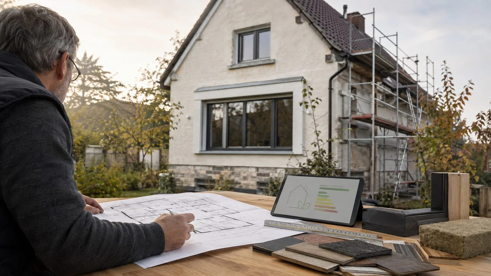 Sanierungsplanung für ein älteres Einfamilienhaus mit Bauplänen, Energieübersicht und einer Fachperson am Gebäude.