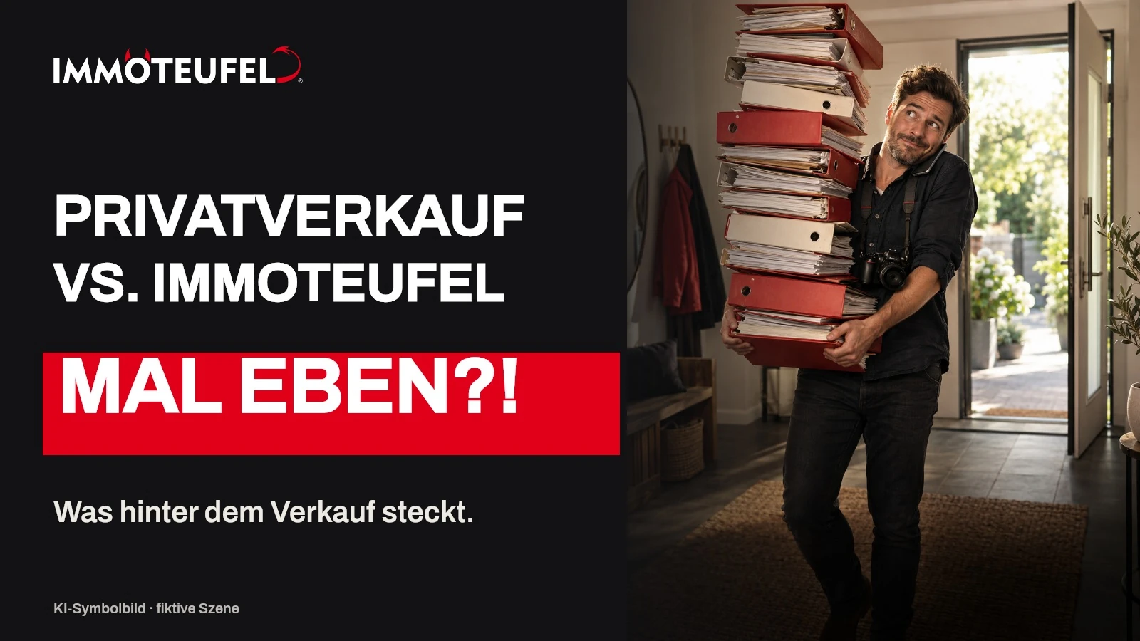 Fiktiver Privatverkäufer mit großem Aktenstapel: Aufgaben beim Immobilienverkauf im Vergleich mit Immoteufel.