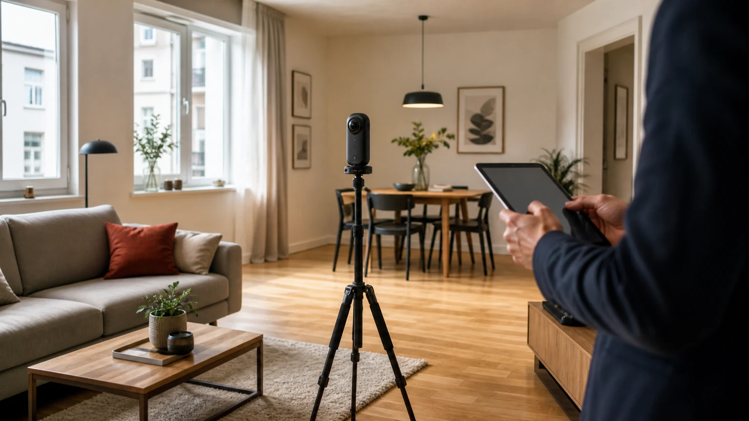 Professionelle 360-Grad-Kamera in einem hellen Wohnzimmer während der Vorbereitung eines virtuellen Immobilienrundgangs.