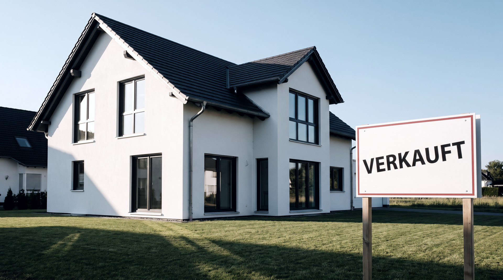 Einfamilienhaus mit einem Schild &bdquo;VERKAUFT&ldquo; im Vorgarten
