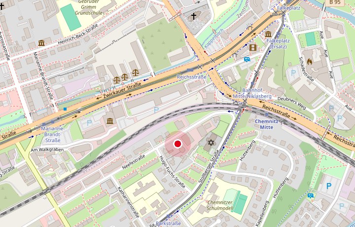 Ausschnitt eines Stadtplans von Chemnitz mit markiertem Standort in der Neefestraße 9