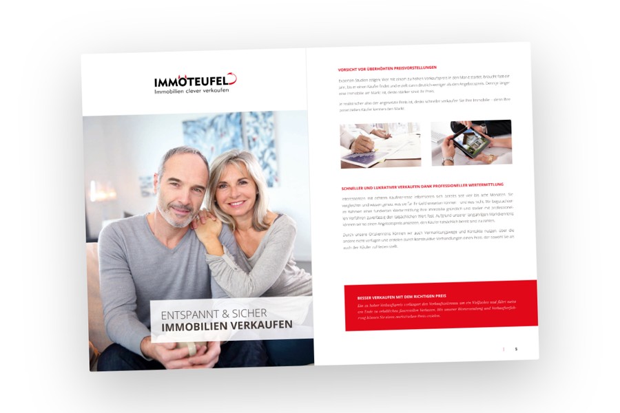 Aufgeschlagene Broschüre: Entspannt & sicher Immobilien verkaufen